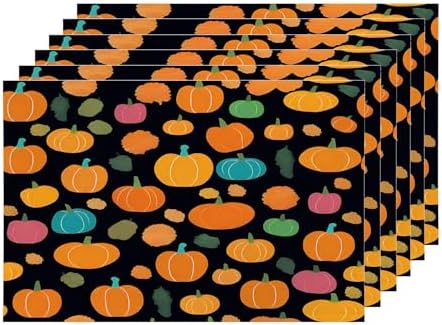 Shrahala Cute Halloween Pumpkins Set of 6 12 X 18 Inch Linen Placemats, Black Background Pink Blue Tiny Squash Burlap Table Mat Washable Double Layered Heat Insulation for Indoor/Outdoor