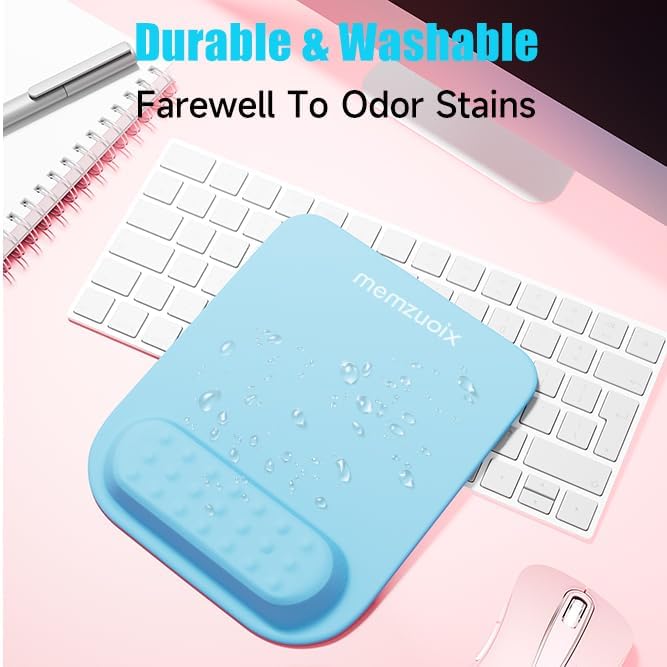 memzuoix Blue Ergonomic Mouse Pad with Wrist Rest Support,Premium Memory Foam Cushioning for Pain Relief, Non-Slip PU Base for Stable Smooth Control - Perfect for Laptop, Computer, and Home Office