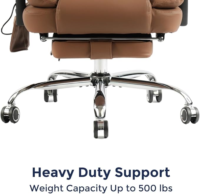 Orbis 4-Point Kneading Heated Massage Office Chair with Foot Rest | 500lbs Big & Tall Ergonomic Executive Desk Chair for Heavy People | Reclining Home Office Computer Chair | Leather Caramel