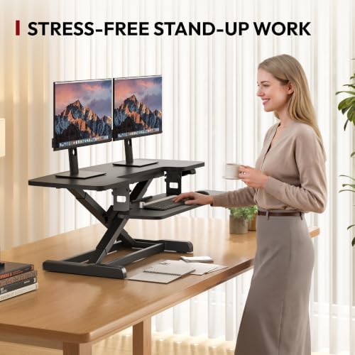 SANODESK 42" Electric Standing Desk Converter, Height Adjustable Riser for Office Home,Dual Monitor and Laptop Workstation with Large Keyboard Tray, Black Color