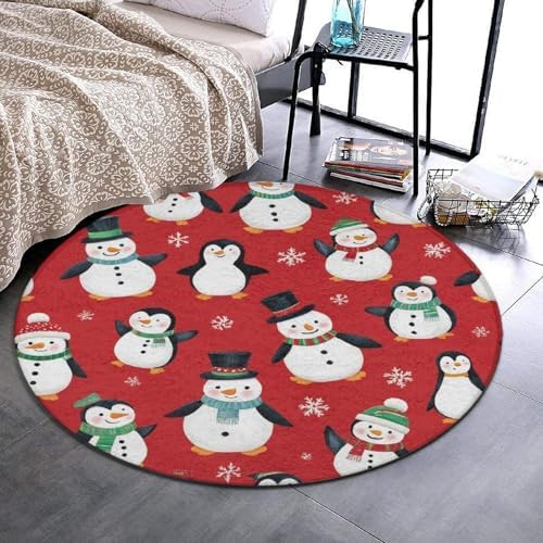 Circular Rugs Large Modern Round Area Rug Fashion Decor Mat for Home Office Christmas Cute Penguin Snowman Red