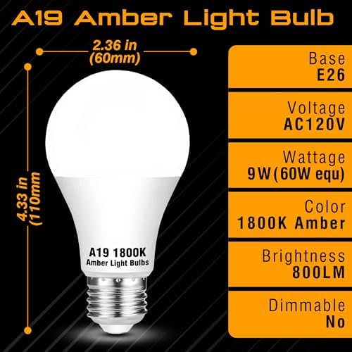 A19 Amber Light Bulbs 1800K,9W Warm Light Bulb 800Lm, Blue Light Blocking