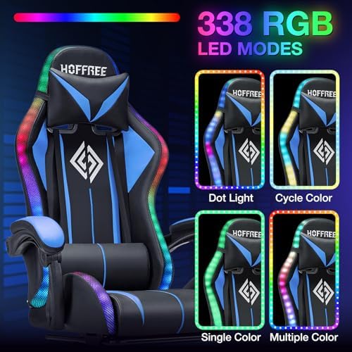 RGB Gaming Chair with Bluetooth Speakers and LED Lights Computer Chair-Blue