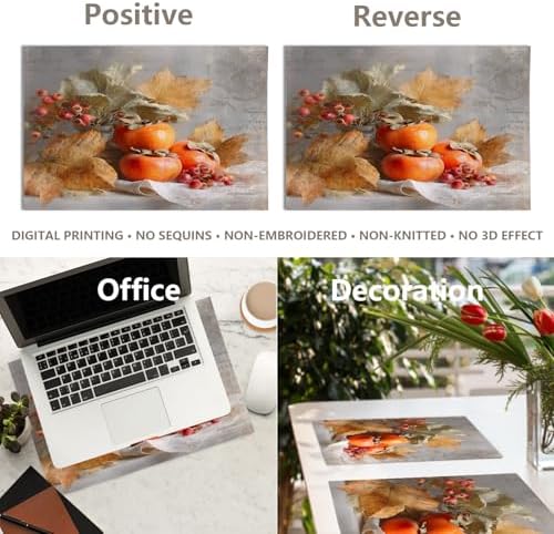 Autumn Harvest Linen Placemats, Persimmons Leaves Berries Table Mats for Table Washable Heat Insulation Thick Dining Mat, Indoor/Outdoor 12X18 in 4 Pcs