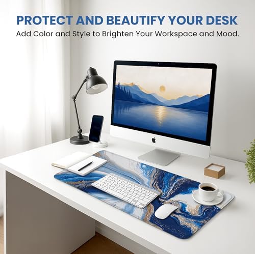 Aesthetic Desk Mat, Cute Ocean Marble Desk Pad Protector for Work & Decor, 35.4" x 15.7", Pretty Non-Slip Extended Mouse Pad for Office or Home