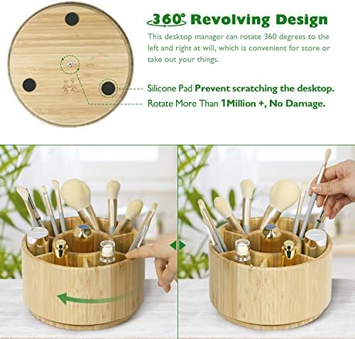 Bamboo Rotating Pencil Holder for Desk,Pen Holder with 7 Compartments