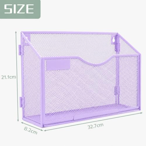 1 Pocket Mesh Wall File Holder Organizer Office Hanging File Folder Magazine Rack, Nametag Label Hooks Set Included (Purple)