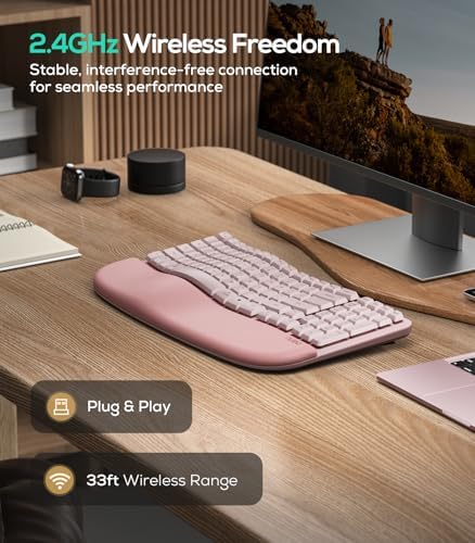 Nulea RT08 Wave Keys Wireless Ergonomic Keyboard with Cushioned Palm Rest, 2.4GHz Ergo Cordless USB Computer Keyboard, Comfortable Natural Typing, for Laptop, Mac, Windows (Pink)