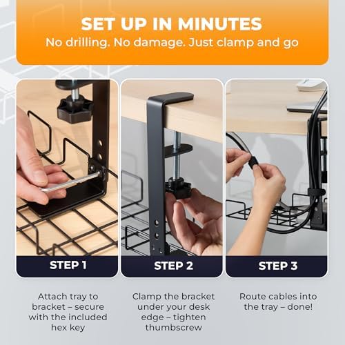 JANEX Under Desk Cable Management Tray Kit, No Drill Clamp-On Cable Organizer for Desk, Wire Cord Management Tray with Cable Sleeve, Cable Clips, Ties & Velcro Strips, Black