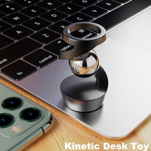 Kinetic Desk Toy, Silent Metal Fidget Spinner, Aluminum Alloy Stress Relief Desktop Ornament, Levitating Spinning Gyroscope, Office Executive Decor Gift for Adults ADHD Anxiety (Gray-Rose Gold Ball)