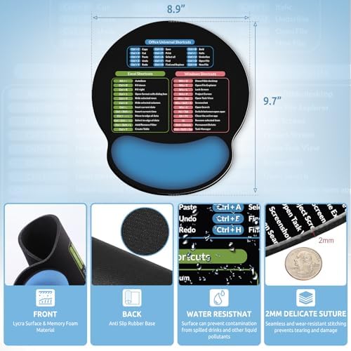 KONVINIT Ergonomic Mouse Pad with Wrist Rest, Small Excel Cheat Sheet Desk Pad with Windows & Office & Excel Shortcuts, Non-Slip Rubber Base Mouse Pads for Desk with Smooth Surface, Black Blue