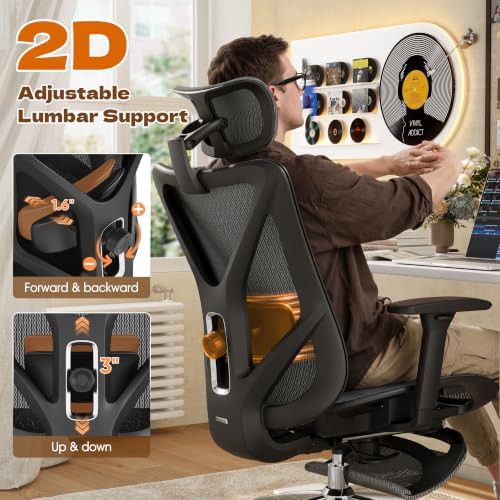 GABRYLLY Ergonomic Office Chair with Adjustable Lumbar Support, 3D Armrests & Headrest, 135° Reclining Chair with Footrest & Large Steel Base,300LBS Swivel Desk Chair - GYMN01-DG