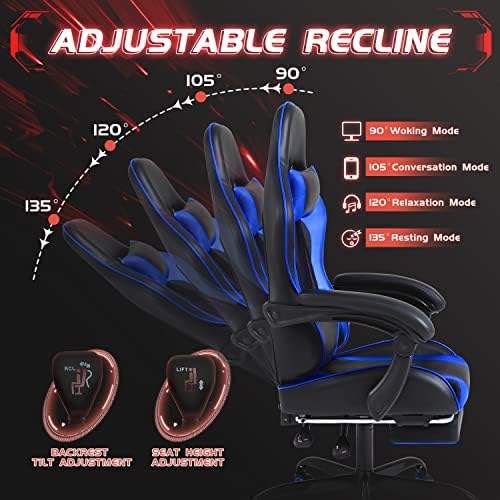 Shahoo Gaming Chair with Footrest and Massage Lumbar Support, Ergonomic Computer Chairs 360°Swivel and Height Adjustable Seat with Headrest for Office or Bedroom, Study Room, Blue