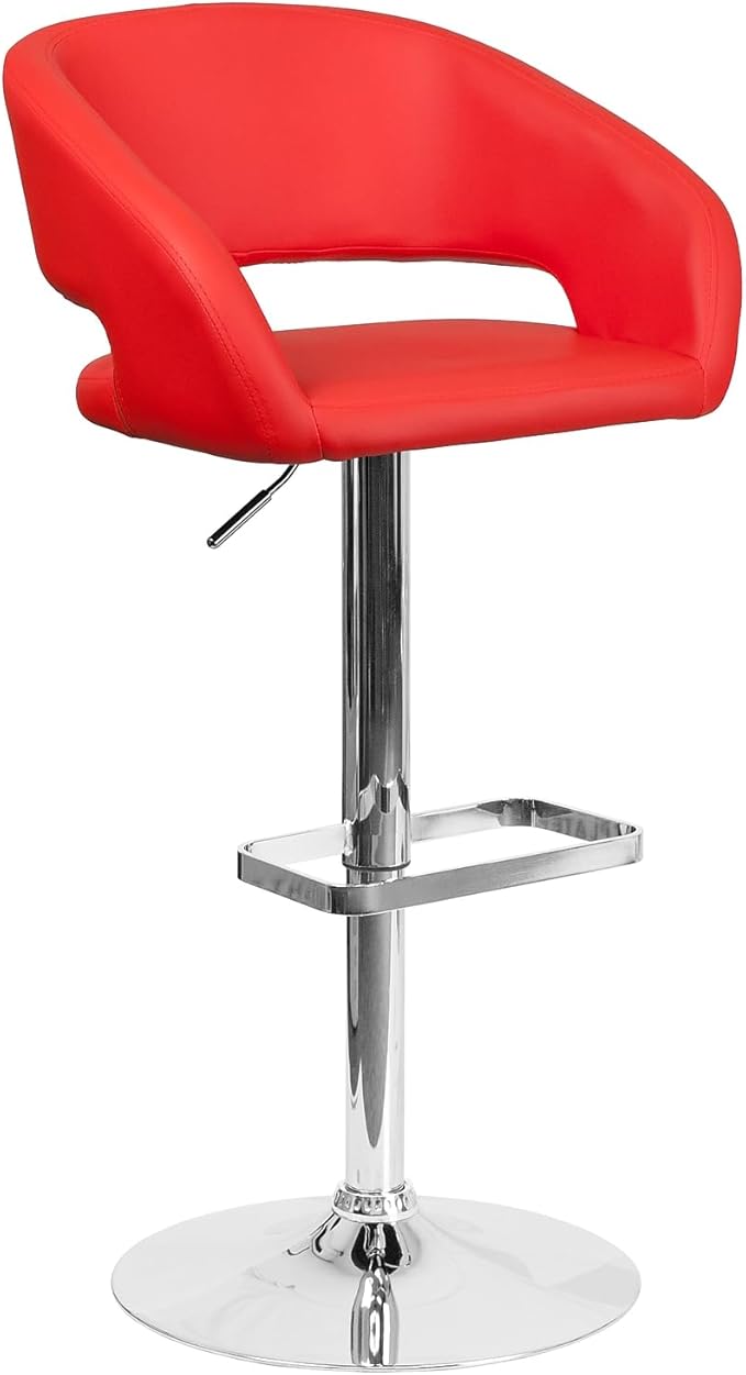 Flash Furniture Erik Comfortable & Stylish Contemporary Barstool with Rounded Mid-Back and Foot Rest, Adjustable Height - Red Vinyl with Chrome Base