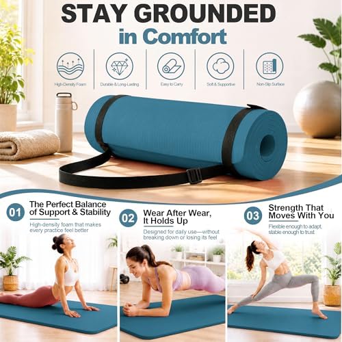 HULKFIT High Density Non Slip Yoga Mat, Extra Thick Exercise Mat with Carrying Strap, for Pilates, Fitness, Home Gym & Floor Workouts - Multiple Thickness & Multiple Color