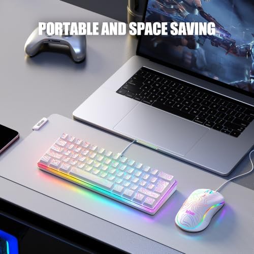 RedThunder 60% Gaming Wired Keyboard and Mouse Combo, Ultra-Compact 61 Keys RGB Backlit Small Keyboard, Lightweight 7200 DPI Optical Mouse, RGB Gaming Set for PC MAC PS5 Xbox Gamer(White Contour Line)