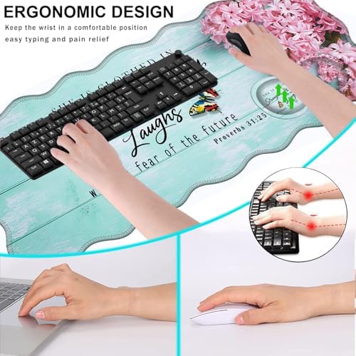 Mouse Pad with Wrist Support + Desk Mat + Coaster 3 in 1 Set, XL Large Gaming Mousepad Ergonomic Mouse Pads for Desk Computer Laptop Office,Pink Hyacinth Bible Verse Proverbs 31-25