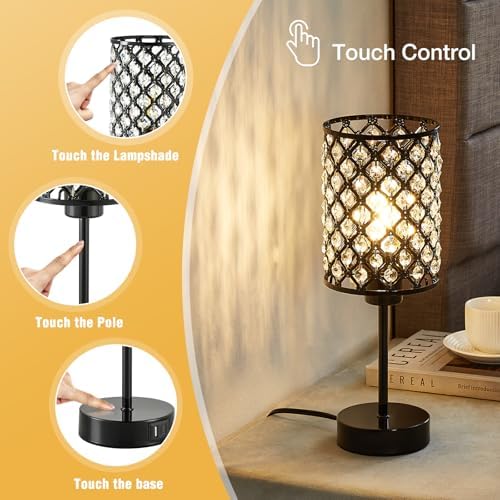Crystal Table Lamp, Black Touch Lamp with USB C+A Port, 3-Way Dimmable
