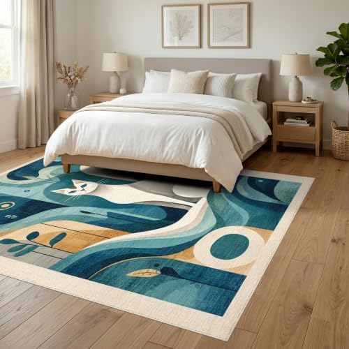 6'x9' Teal Blue Cat Boho Abstract Design Washable Area Rug