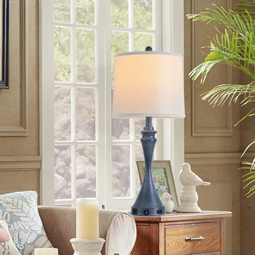 Living Room Deek Lamp Bedroom Table Lamp Set of 2,3 Way Dimmable Led Light Modern Industrial Table Lamps Sand Navy Blue Metal,USB Type A+C&Outlet, Linen Lampshade,Bulb*2
