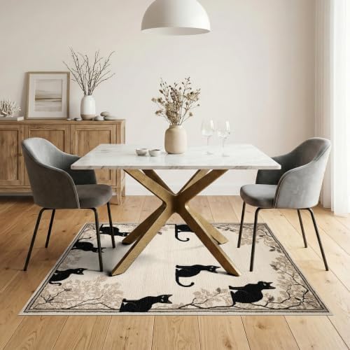 5'x7' Black Cat Taupe Design with Motifs Washable Area Rug