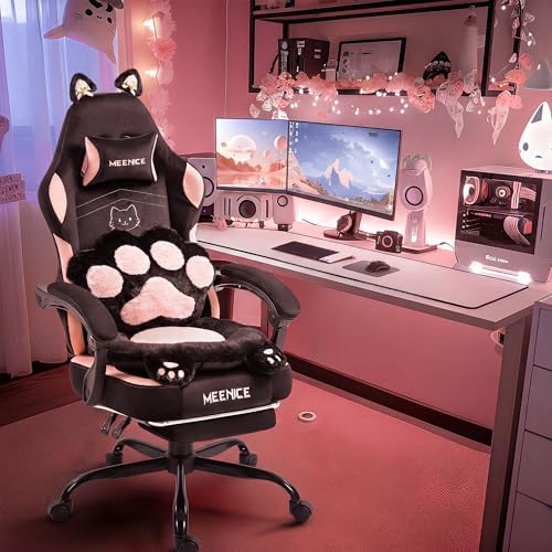 Pink Gaming Chair Cute with Cat Ears Paw Lumbar and Cushion,Ergonomic Computer Chair with Footrest,Reclining PC Game Chair for Girl Computer Chair 300lbs for Adult