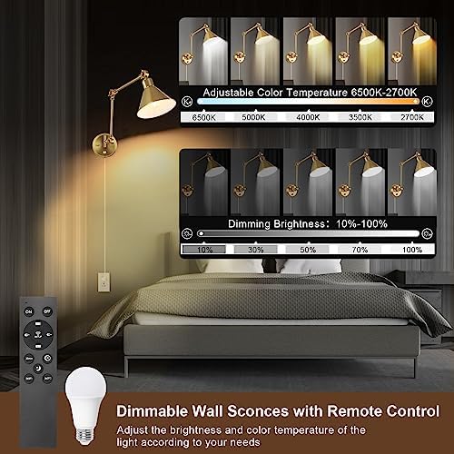 TRLIFE Wall Sconce with Remote Control, Brushed Brass Plug in Wall Sconces Dimmable and Adjustable Color Temperature 2700K-6000K, Swing Arm Wall Lights with Plug in Cord, UL Listed(2 Pack, 2 Bulbs)
