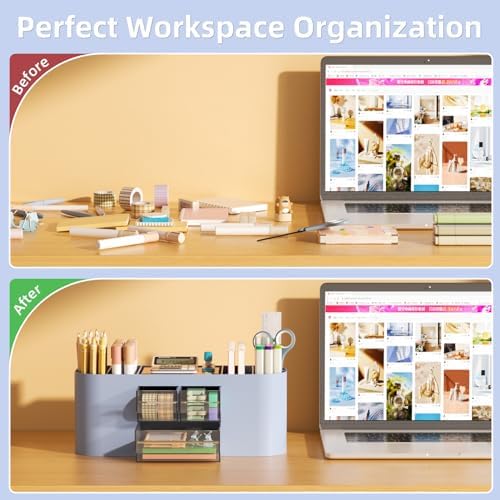 Marbrasse Desk Organizer Pen Holder for Desk with 3 Drawers, Multi-Functional Pencil Holder, Desk Organizers and Accessories with 7 Compartments for Home, School, Classroom(Blue)