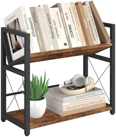 ELITEROO Desktop Bookshelf, 2 Tier Desk Shelf Organizer, Wooden Tabletop Bookcase, Small Desk Top Book Rack for Office, Home, Bedroom, Small Space Storage and Display, Rustic Brown