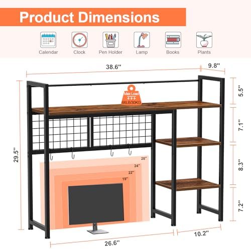 Snughome Desk Shelf, 38.6" Desktop Organizer Shelf, Desk Hutch for Computer Monitor, 4 Tier Desk Display Rack with Pegboard Hooks Set, Wood Desktop Bookshelf for Home Office Dorm