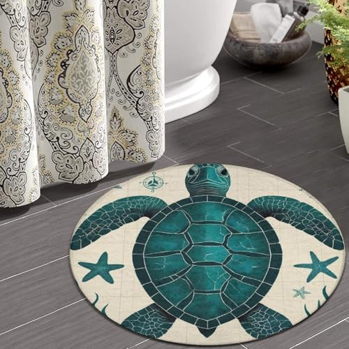 Large Home Decor Mat, Soft Round Yoga Carpet, Non Slip Machine Washable Home Office Circle Rug Vintage Ocean Animal Theme Sea Turtle