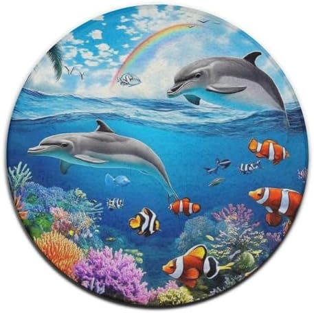 Room Sofa Yoga Soft Round Carpet, Home Decor Non Slip Kitchen Office Circle Rug, Machine Washable Modern Round Area Rug Blue Ocean Underwater World Dolphin Art, 60inch