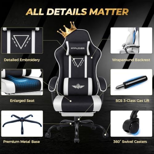 GTPLAYER Video Gaming Chair Fabric, Ergonomic Computer Chair with Footrest and Pocket Spring Cushion, Height Adjustable Video Gamer Chair with Lumbar Support for Adults, White
