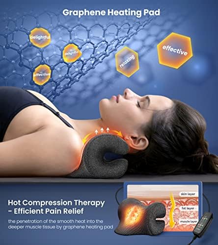 8X Pain Relief Magnetic Therapy Heated Neck Stretcher, 3X Larger Graphene Heating Pad Cervical Traction Device Pillow, Neck Hump Corrector w/Timer Setting, Relax Gifts for TMJ Tension Muscle Migraine