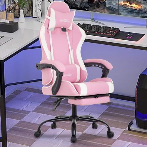 PayLessHere Ergonomic Racing Desk Chair Computer Chair Gaming Chair with Footrest Lumbar Support Headrest Armrest Task Rolling Swivel Ergonomic E-Sports Adjustable PC Gamer Chair (Pink)