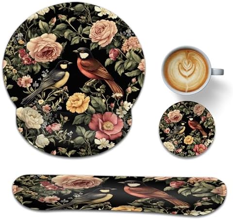 Vintage Rose Peony Floral Keyboard Wrist Rest Pad Ergonomic Mouse Pad Set,Bird 3 in 1 Memory Foam Mouse Pad with Non Slip Base for Office and Home