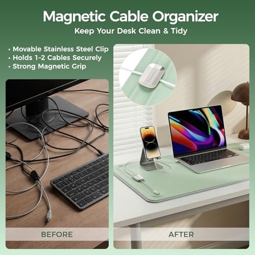 Premium Double-Sided Faux Leather Desk Pad – Non-Slip, Waterproof, with Magnetic Cable Organizer & File Storage – Designed for Offices & Creative Spaces – Durable & Easy to Clean（Green）