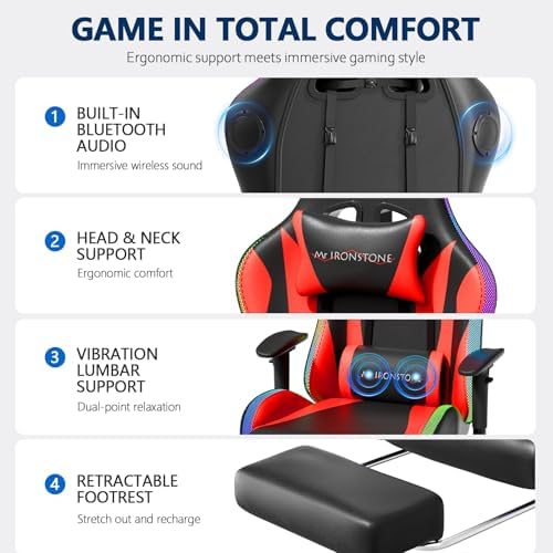Mr IRONSTONE RGB Gaming Chair with Bluetooth Speakers, Ergonomic Gamer Chair with LED Lights, Vibration Lumbar Support, Footrest and High Back Reclining Design for Adults, Red