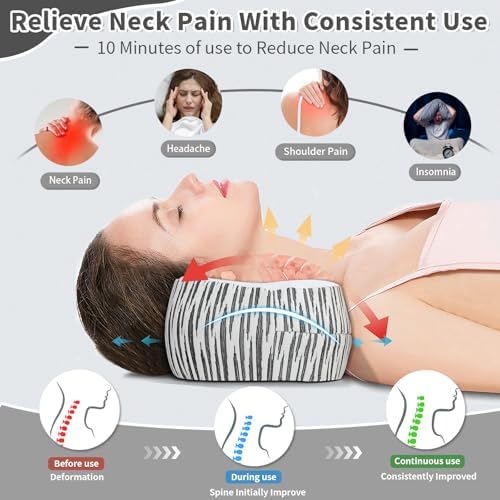 Neck Support Pillow, Cervical Neck Roll Memory Foam Pillow, Cervical Traction Device, Neck Pillow for Side Sleepers, Camping & Travel Pillow with Portable Bag