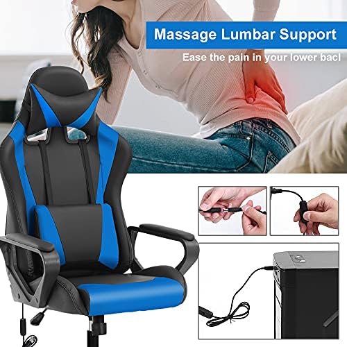 PC Gaming Chair Office Chair Racing Desk Chair with Lumbar Support Arms Headrest Massage High Back PU Leather Ergonomic Computer Chair Rolling Adjustable Swivel Chair for Women Men Adult, Blue