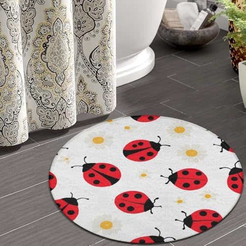 Soft Round Yoga Carpet, Large Home Decor Mat, Non Slip Machine Washable Kitchen Office Circle Rug Red Cartoon Ladybug Pattern