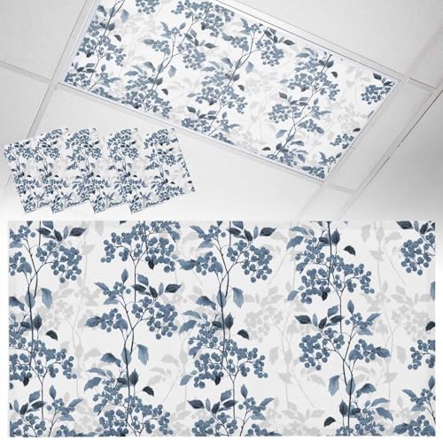 Blue Floral Plant Magnetic Fluorescent Light Covers for Ceiling Lights 2 x 4 Feet,Grey Modern Minimalist White Floral Spring Summer Office Classroom Kitchen Drop Ceiling Light Filter Covers 4 Packs