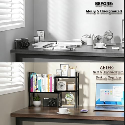 Expandable Desktop Shelf Organizer, 2 Tier Wood Desk Shelf for Office, Metal Corner Bookshelf, Countertop Storage Rack (Black)