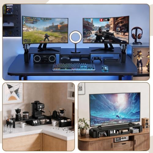 LEKETREE Dual Monitor Stand Riser with Drawer and 2 Pen Holders, Black