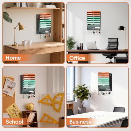 Wall File Holder Hanging Wall File Organizer, Wall Mount Mail Holder and Paper Organizer with Bottom Shelf & 5 Hooks for Office Home School (8-Tier)