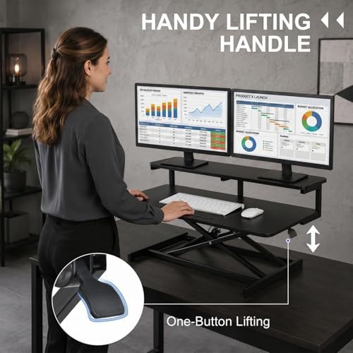 37 Inch Standing Desk Converter, 10.23-24.8 inches Adjustable Height Standing Desk Riser, Sit to Stand Up Duals Monitor Riser Workstation, for Home Office Laptop - Black