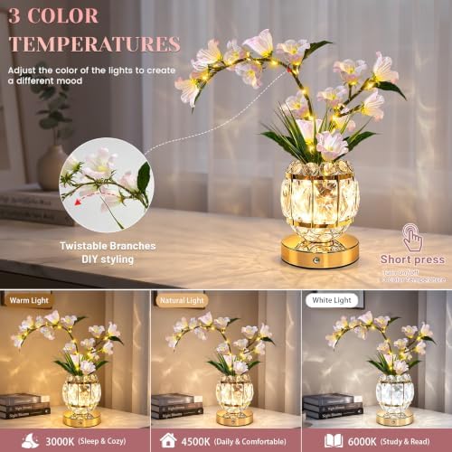 Lily Flower Lamps, Rechargeable Cordless Small Desk Lamp, 3 Colors Dimmable Artificial Flowers Night Light, Fake Bouquet 3 Lilies with Crystal Vase for Home Date Party Decoration (Pink - May Bells)
