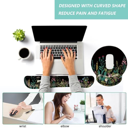 Keyboard Wrist Rest Pad Mouse Pad with Wrist Support Set of 3, Mousepad with Non-Slip Rubber Base, Ergonomic Memory Foam Mouse Wrist Cushion Support for Home Office Laptop Computer, Flowers Grass