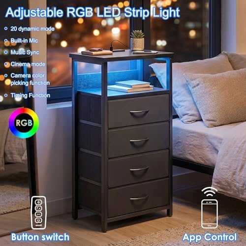 Fixwal Night Stand with Charging Station, Black Led Nightstand, 4 Drawers
