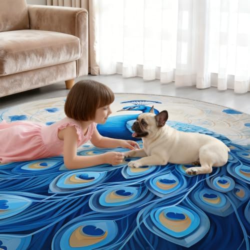 Peacock Round Area Rug - 3.3ft Peacock Round Rug for Kitchen, Abstract Animal Circle Rugs Washable Soft Non-Slip Carpet for Bathroom Kitchen Decor Mat